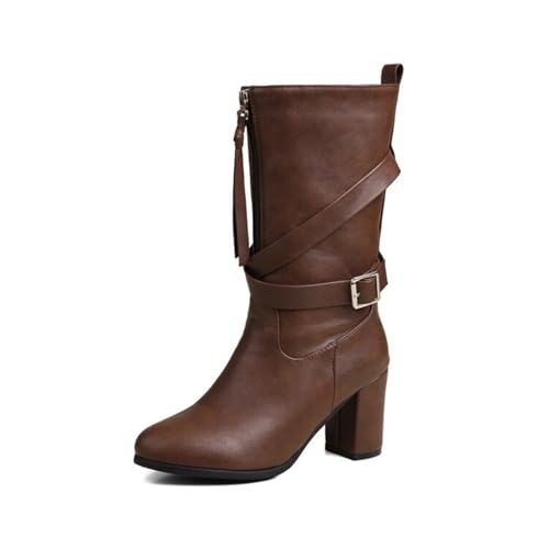 SUPTTING Herbst Damen Stiefelette Elegant Modisch Schuh Blockabsatz Reißverschluss Ankle Boot Modern Schick Spitze Zehenkappe Schnallen-Detail Absatzstiefel für Ausgehen von SUPTTING