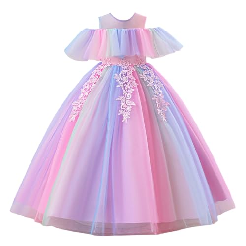 SUPTTING Mädchen Prinzessinnenkleid Langarm Tüllkleid Festlich Regenbogen Ballkleid mit Spitze Schleife Abendkleid für Hochzeit Partykleid Festzug Kinder Kostüm Bodenlang Elegant von SUPTTING