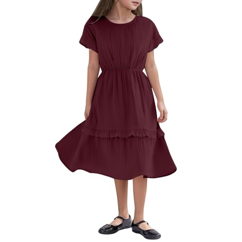 SUPTTING Mädchen Sommerkleid Musselin Stoff Kurzarm Rundhals Freizeitkleid Tailliert Strandkleid Spitzenbesatz Volant Saum Festliches Kleid Prinzessinnenkleid Weich Kinderbekleidung von SUPTTING