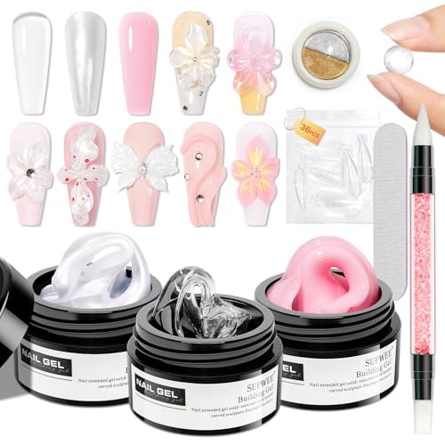 SUPWEE 3D Gel Nail Art, Klar Perlmutt Rosa Non-Stick Builder Gel für Nägel mit Chrompulver und Silikonpinsel Nagelverlängerung Skulptur Nagelgel Nail Art für Mustern Prägung hartes Mniküre 14g von SUPWEE