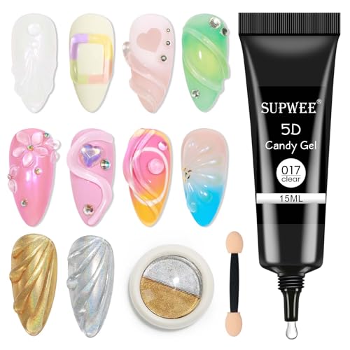 SUPWEE 3D Gel Nail Art - 15g klares Skulptur Gel mit 1 Stück 2-Farben Holo Chrompulver Multifunktionell Rhinestone Glue Gel 5D Geprägtes Candy Gel Für Painting DIY Nageldesign Maniküre von SUPWEE