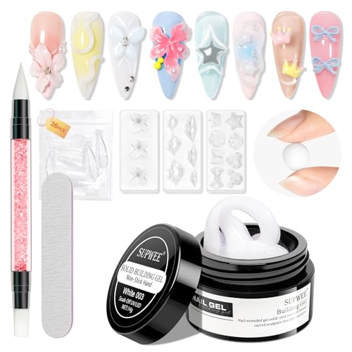 SUPWEE 3D Gel Nail Art für Nägel, 14g Feste Builder Gel Nicht Klebend Skulptur-Nail-Gel mit Nagel Pinsel Mustern Prägung hartes Salon DIY zu Hause Weiß von SUPWEE