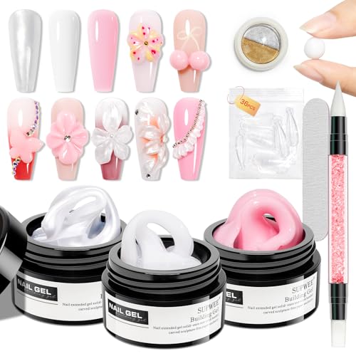 SUPWEE 3D Gel Nail Art für Nägel, Solid Builder Gel Nagelverlängerung Set mit Chrome Nail Powder Weiß Perlweiß Rosa Antihaft Skulptur Nägelgel für DIY 3D Nail Art Heimgebrauch von SUPWEE