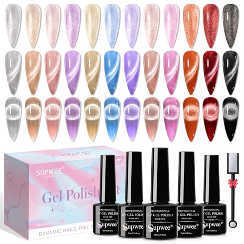 SUPWEE Cat Eye Gel-Nagellack Set, 12 Farben 9D Cat Magnetisch Eye Nail Polish Nagellacke holografischer Glitzer Cateye-Nagelgel-Nagellack mit Magnet Soak-Off-UV-Gel Nagelkunst Maniküre-Salon von SUPWEE
