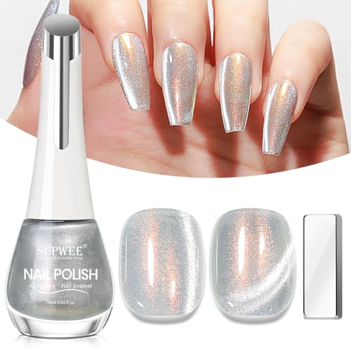 SUPWEE Cat Eye Nagellack - 16ML Cat Magnetisch Nagellack Silber Schnelltrocknend Glitzer Katzenauge Nail Polish Magnet Gel Ohne UV Lampe Home DIY Nail Art von SUPWEE