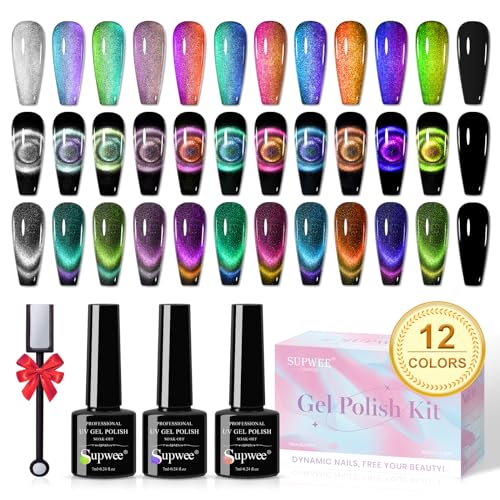 SUPWEE Cat Eye UV Gel Nagellack, 12 Farben 9D Chamäleon Galaxy Magnetic Nail Polish Set Mehrfacher Katzenaugen-Effekt mit Magnetstift Nagellacke Soak Off UV-Gel-Nagellack DIY Gelnägel SUPWEE Cat Eye UV Gel Nagellack, 12 Farben 9D Chamäleon Galaxy Magnetic Nail Polish Set Mehrfacher Katzenaugen-Effekt mit Magnetstift Nagellacke Soak Off UV-Gel-Nagellack DIY Gelnägel von SUPWEE