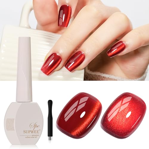 SUPWEE Gel Nagellack 15ML Rot Glizter Cat Magnetisch Eye Gel Nagellack Holografischer Katzenaugen Nail Polish Soak Off Cat Magnetic Manicure DIY zu Hause von SUPWEE