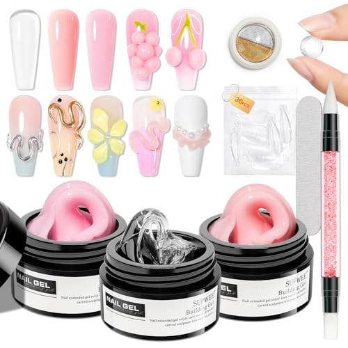 SUPWEE Klar Rosa 3D Gel Set für Nägel, Multifunktionales Feste Builder Gel zum Schnitzen von Mustern Chrome Nail Powder und Non-Stick Skulptur Nail Art für Home DIY Anfänger 14g von SUPWEE
