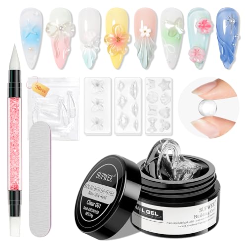 SUPWEE Klar Solid Builder Gel 14g, Non-Stick Multifunktionales Skulptur Gel Nägel für 3D Nail Art mit Silikonform und Maniküre-Tools Nail Extension Nagelgel Home DIY von SUPWEE