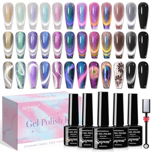 SUPWEE UV Magnetischer Nagellack Set, 12 Farben Cat Eye UV Gel Nagellack mit Magnetstift Glitzer Cat Eye Nail Polish Set Maniküre Nail Art Salon Gellack Schwarze Basis erforderlich von SUPWEE