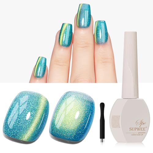 SUPWEE UV Nagellack mit Magnet,15ML Grün Schimmern Cat Eye UV Gel Glitzer Magnetischer Katzenauge Nagellack Soak Off Holographisch Gel Nail Polish von SUPWEE