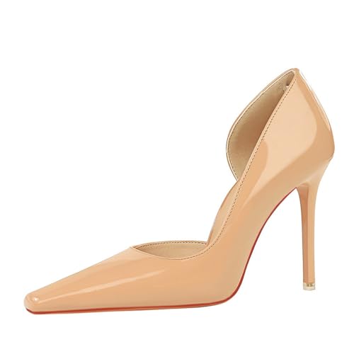 Glänzende Damen-High-Heels aus Lackleder, 4-Zoll-Pumps, geschlossene Zehen-Stiletto-Sandalen, Slip-on-Porm-Party-Hochzeitskleid-Schuhe,Nude,38 EU von SUQELEGY