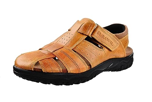 SURAWIL Leder Fischersandalen Geschlossene Zehensandalen für Herren Ledersandalen SUM14US, Hellbraun, 46 EU von SURAWIL