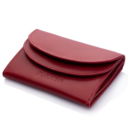 SURAZO® Echtleder Kleines Portemonnaie Damen (10,5 x 7,5 x 2 cm) Minibörse Leder Geldbörse Herren Klein | RFID Mini Wallet | 4 Kartenfächer Geldscheinfach | Slim Geldbeutel mit Münzfach (Rot) von SURAZO