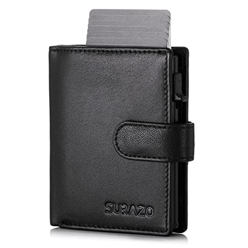 SURAZO® Echtleder Kreditkartenetui mit Münzfach | Slim Kartenhalter mit 10 Kartenfächer | Kartenetui RFID NFC Schutz | Mini Leder Kartenhülle Wallet | Klein Geldbörse für Herren und Damen (Schwarz) von SURAZO