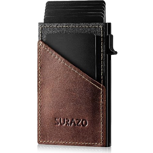 SURAZO® Echtleder Mini Card Holder | Kreditkartenetui mit Münzfach | Slim Geldbörse mit Kartenfach | Metall Kartenetui bis 8 Karten mit RFID Schutz | Mini Leder Kartenhülle Wallet | Klein Kartenhalter von SURAZO