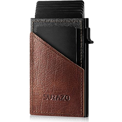SURAZO® Echtleder Mini Card Holder | Kreditkartenetui mit Münzfach | Slim Geldbörse mit Kartenfach | Metall Kartenetui bis 8 Karten mit RFID Schutz | Mini Leder Kartenhülle Wallet | Klein Kartenhalter von SURAZO