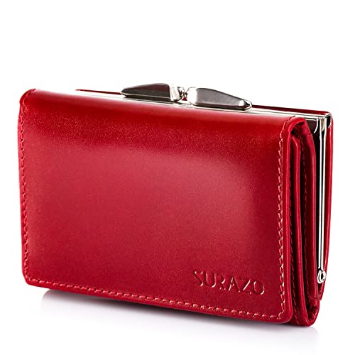 SURAZO® Leder Geldbörse Damen Klein viele fächer - Portemonnaie Damen Geldbeutel mit 12 Kartenfächern [RFID Schutz] [Münzfach] Echtes Leder Brieftasche Frauen, Women Wallet Flip Portmonee (Rot) von SURAZO