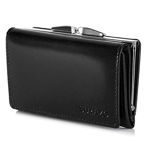 SURAZO® Leder Geldbörse Damen Klein viele fächer - Portemonnaie Damen Geldbeutel mit 12 Kartenfächern [RFID Schutz] [Münzfach] Echtes Leder Brieftasche Frauen Wallet Flip Portmonee (Schwarz) von SURAZO
