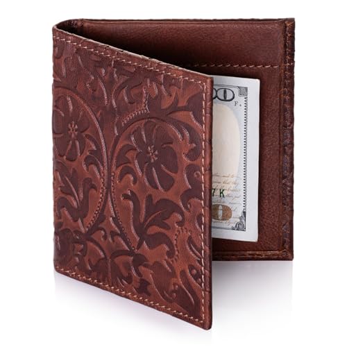 SURAZO Leder Geldbörse Herren & Damen - Handgefertigter Portemonnaie mit Blumenprägung - Slim Wallet mit Geldklammer, 4 Kartenfächern und Münzfach - Echtleder Vintage Brieftasche Braun - Ideales Gesch von SURAZO