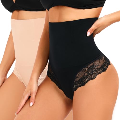 SURE YOU LIKE Damen Bauchweg Unterhose Hohe Taille Mieder String Shapewear Tanga Seamless Figurformende Shaping Unterwäsche, Beige+Schwarz, 2pcs, L von SURE YOU LIKE