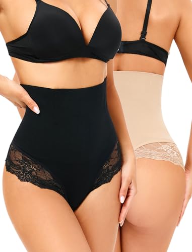 SURE YOU LIKE Damen Bauchweg Unterhose Hohe Taille Mieder String Shapewear Tanga Seamless Figurformende Shaping Unterwäsche, Beige+Schwarz, XL von SURE YOU LIKE