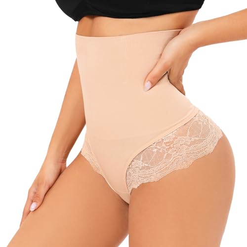 SURE YOU LIKE Damen Tanga Bauchweg Damen Unterhose Hohe Taille Tanga Shapewear Miederhose Seamless Shaping Unterwäsche Mieder String Slip, Beige, L von SURE YOU LIKE