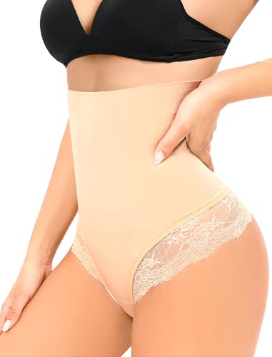 SURE YOU LIKE Damen Bauchweg Unterhose Tanga Miederhose Spitzes Shapewear Miederslip String Untere Bauchkontrolle Shaping Unterwäsche, Beige, M von SURE YOU LIKE