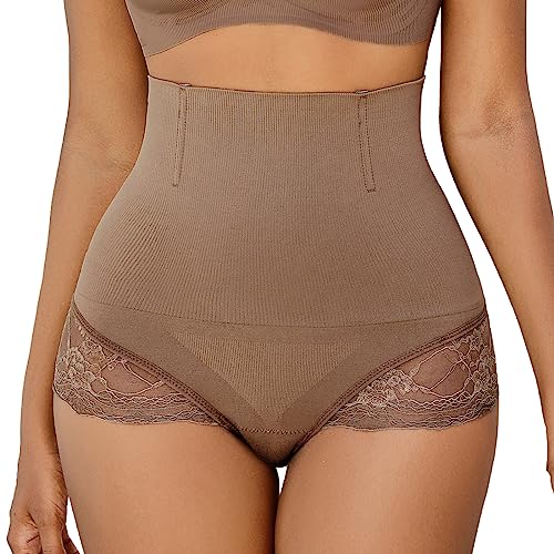 SURE YOU LIKE Damen Bauchweg Unterhose Tanga Miederhose Spitzes Shapewear Miederslip String Untere Bauchkontrolle Shaping Unterwäsche, Braun, L von SURE YOU LIKE