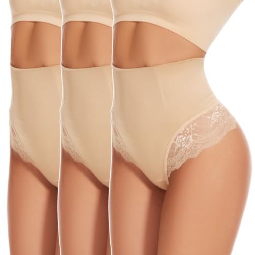 SURE YOU LIKE Bauchweg Unterhose Damen Mittle Taille Mieder String Shapewear Tanga Seamless Figurformende Shaping Unterwäsche, Beige+Beige+Beige, 3pcs, L von SURE YOU LIKE