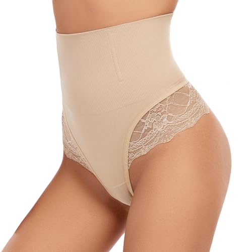 SURE YOU LIKE Bauchweg Unterhose Damen Mittle Taille Mieder String Shapewear Tanga Seamless Figurformende Shaping Unterwäsche, Beige, L von SURE YOU LIKE