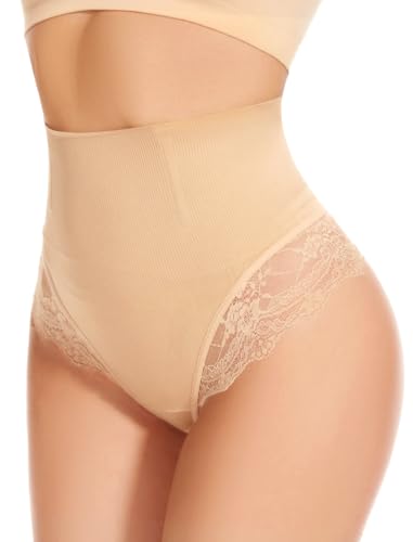SURE YOU LIKE Damen Bauchweg Unterhose Tanga Miederhose Spitzes Shapewear Miederslip String Untere Bauchkontrolle Shaping Unterwäsche, Beige, L von SURE YOU LIKE