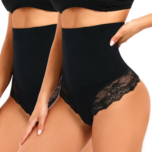 SURE YOU LIKE Damen Bauchweg Unterhose Hohe Taille Mieder String Shapewear Tanga Seamless Figurformende Shaping Unterwäsche, Schwarz+Schwarz, 2pcs, S von SURE YOU LIKE