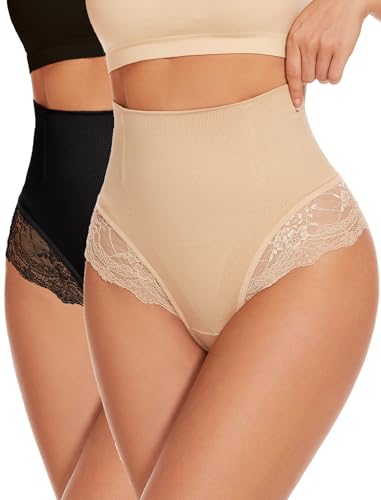 SURE YOU LIKE Damen Bauchweg Unterhose Tanga Miederhose Spitzes Shapewear Miederslip String Untere Bauchkontrolle Shaping Unterwäsche, Beige/Schwarz, XXL von SURE YOU LIKE