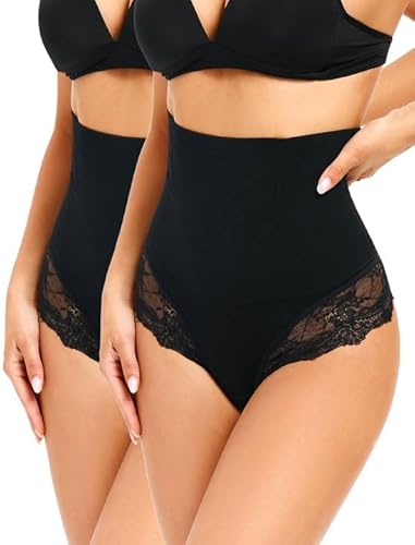 SURE YOU LIKE Damen Bauchweg Unterhose Tanga Miederhose Spitzes Shapewear Miederslip String Untere Bauchkontrolle Shaping Unterwäsche, Schwarz, 2PCS, S von SURE YOU LIKE