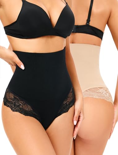 SURE YOU LIKE Damen Bauchweg Unterhose Tanga Miederhose Spitzes Shapewear Miederslip String Untere Bauchkontrolle Shaping Unterwäsche, Schwarz/Beige, XL von SURE YOU LIKE