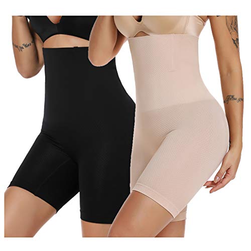 SURE YOU LIKE Damen Figurenformend Miederpants Miederhose Shapewear Bauch-Weg-Effekt Formt Sofort Body Shaper mit Bein Hohe Taille Unterwäsche Atmungsaktive Nahtlose Schwarz+Beige XL-XXL EU42-46 von SURE YOU LIKE