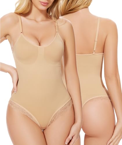 SURE YOU LIKE Shapewear Damen Figurformender Body Shaper Spitze String Shaping Bodysuit Tanga, Skin, M von SURE YOU LIKE