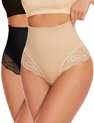 SURE YOU LIKE Bauchweg Unterhose Damen Tanga Shapewear Miederhose Mittler Taille Bauch Weg Bauchkontrolle Unterwäsche Tanga Slips, Beige+Schwarz, L von SURE YOU LIKE