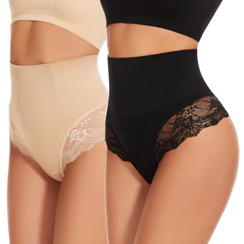 SURE YOU LIKE Bauchweg Unterhose Damen Tanga Shapewear Miederhose Mittler Taille Bauch Weg Bauchkontrolle Unterwäsche Tanga Slips, Beige+Schwarz, L von SURE YOU LIKE