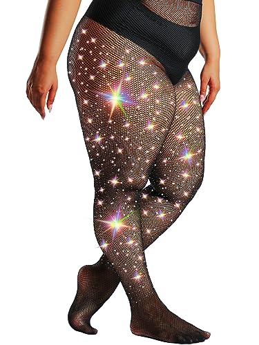 SUREPOCH Glitzer Strass Netzstrumpfhose Übergröße Strumpfhosen Damen Elastisch Hohe Taille von SUREPOCH