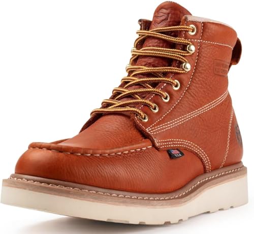 SUREWAY GoodyearWelted Arbeitsstiefel für Herren, wasserdicht, weiche Zehen, Vollnarbenleder, EH Sicherheit, industrielle Konstruktion, Keilabsatz, Moc Toe Arbeitsstiefel, 15,2 cm, Braun, 37.5 EU von SUREWAY