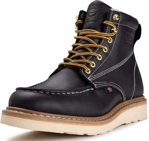 SUREWAY GoodyearWelted Herren-Arbeitsstiefel mit Stahlkappe, 15,2 cm, Vollnarbenleder, rutschfest, EH Sicherheit, industrielle Konstruktion, Keilabsatz, Moc Toe Arbeitsstiefel, Schwarz, 37.5 EU von SUREWAY