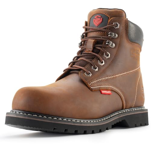 SUREWAY Goodyearwelt robuste Herren-Arbeitsstiefel mit Stahlkappe, Vollnarbenleder, rutschfest, öl- und wasserabweisend, industrielle Sicherheitsschuhe, Stahlkappe, Braun, 48 EU von SUREWAY