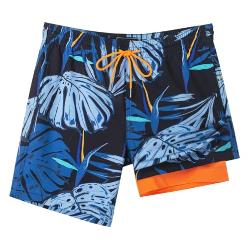 SURF CUZ Herren-Badehose mit Kompressionsfutter, schnell trocknend, 17,8 cm, Badehose, Stretch-Badeanzug, Reißverschlusstaschen, Surf Palms, X-Large von SURF CUZ