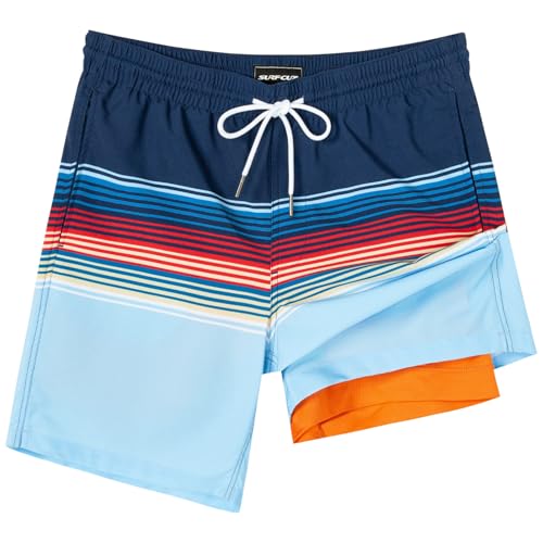 SURF CUZ Herren-Badehose mit Kompressionsfutter, schnell trocknend, 17,8 cm, Stretch-Taschen mit Reißverschluss, Bunte Streifen, Medium von SURF CUZ