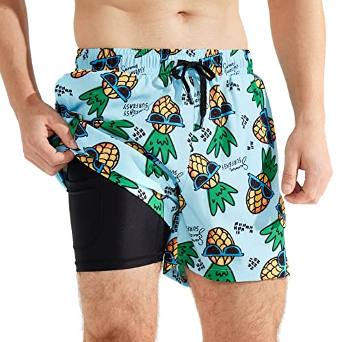 SURFEASY Badehose Herren mit Kompression Badehose mit innenhose Board Shorts 2 in 1 kurz Badehose(Ananas,XXL) von SURFEASY