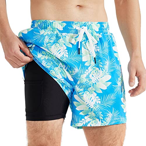 SURFEASY Badehose Herren mit Kompression Badehose mit innenhose Board Shorts 2 in 1 kurz Badehose(Blaues Blatt,3XL) von SURFEASY