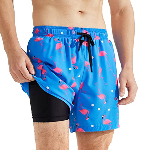 SURFEASY Badehose Herren mit Kompression Badehose mit innenhose Board Shorts 2 in 1 kurz Badehose(Flamingo,L) von SURFEASY