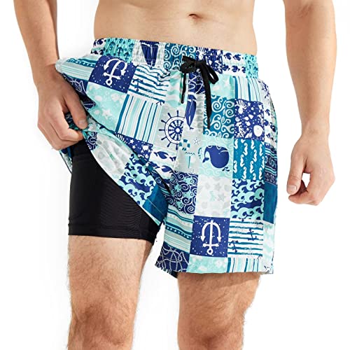 SURFEASY Badehose Herren mit Kompression Badehose mit innenhose Board Shorts 2 in 1 kurz Badehose(Piraten,3XL) von SURFEASY